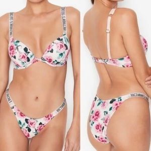 Victoria's Secret BOMBSHELL BIKINI TOP shine strap WHITE PINK FLORAL green